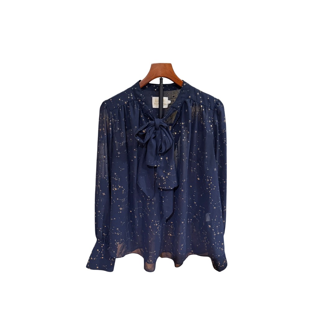 Judith March Navy Blue Celestial Star Constellation Tie Neck Chiffon Blouse L